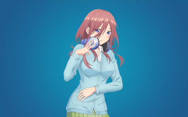 HD desktop wallpaper featuring Miku Nakano from the anime The Quintessential Quintuplets, also known as 5-Toubun no Hanayome. Miku stands against a blue background, holding headphones near her ear.