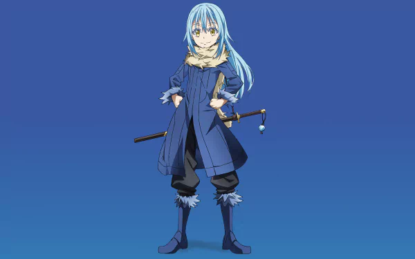 HD desktop wallpaper featuring Rimuru Tempest from the anime That Time I Got Reincarnated as a Slime, standing confidently against a blue background.