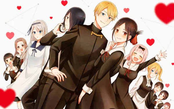 HD wallpaper featuring characters from Kaguya-sama: Love is War, including Kaguya, Miyuki, Chika, and others, in a playful, love-themed illustration.