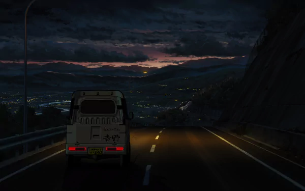 Anime-style 8K Ultra HD desktop wallpaper featuring a vehicle driving along a mountain road at dusk, inspired by the film Your Name.