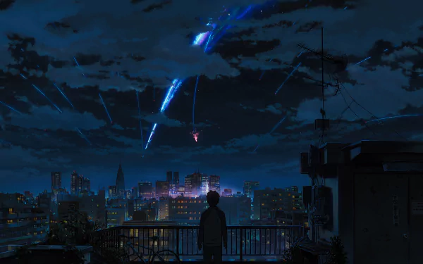 HD wallpaper and background from the anime Your Name featuring a night cityscape with a silhouette of a person on a balcony watching meteor trails in the sky.