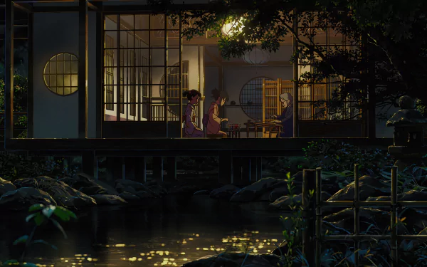 Anime scene from Your Name., featuring characters inside a traditional Japanese house at night, reflected in a tranquil pond, rendered in stunning 8K Ultra HD for PC desktop wallpaper.