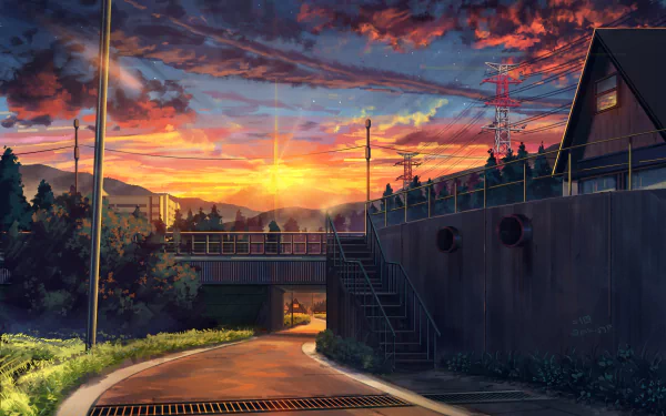 HD anime-style wallpaper depicting a scenic sunset over a road and staircase, with a backdrop of mountains and a power line structure, creating an atmospheric background.