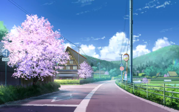 HD anime desktop wallpaper featuring a scenic road with cherry blossom trees under a clear blue sky with fluffy clouds. Traditional houses and lush green hills complete the serene landscape.