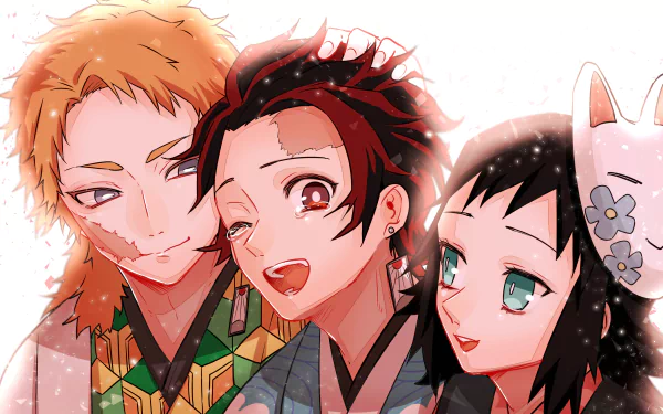 Tanjiro Kamado, Makomo, and Sabito from Demon Slayer: Kimetsu no Yaiba smiling together in an anime-style HD desktop wallpaper.