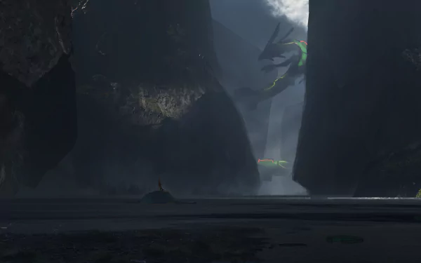 HD desktop wallpaper featuring a dramatic anime scene from Pokemon, showcasing a large, majestic Pokemon emerging between towering cliffs under a shadowy, atmospheric sky.