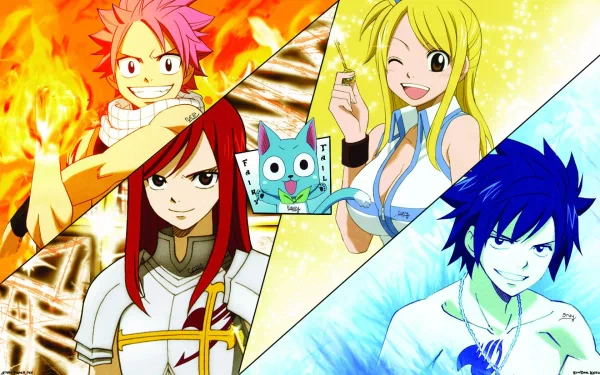 HD desktop wallpaper featuring Gray Fullbuster, Erza Scarlet, Happy, Lucy Heartfilia, and Natsu Dragneel from the anime Fairy Tail.