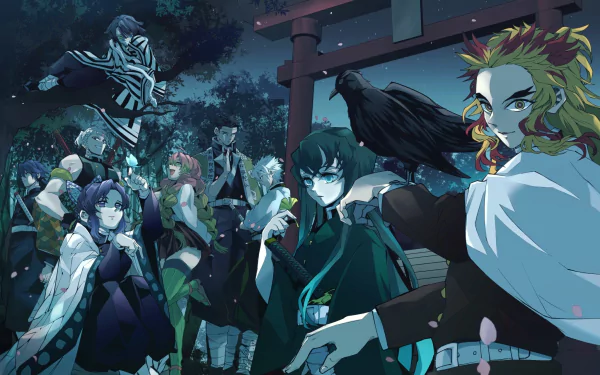 HD desktop wallpaper of the Demon Slayer: Kimetsu no Yaiba characters including Tengen Uzui, Shinobu Kochou, Sanemi Shinazugawa, Obanai Iguro, Muichiro Tokito, Mitsuri Kanroji, Kyojuro Rengoku, Gyomei Himejima, and Giyuu Tomioka.