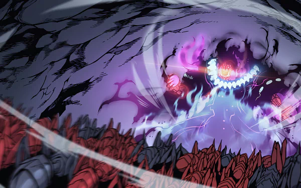 HD desktop wallpaper featuring Tusk from Solo Leveling anime, showcasing an epic battle scene with intense colors and dynamic action elements.