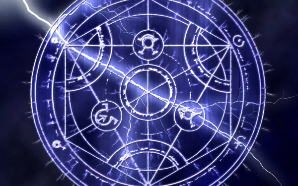 HD desktop wallpaper featuring an intricate alchemy circle from the anime Fullmetal Alchemist, glowing with electric blue energy and set against a dark, stormy background with lightning strikes.