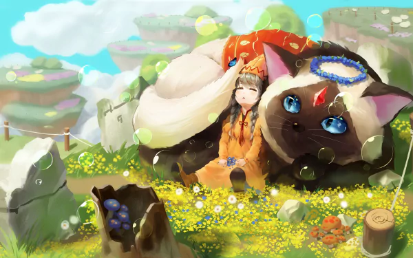 Anime-style HD desktop wallpaper featuring an original character sitting peacefully with a whimsical giant cat in a colorful, vibrant meadow setting.