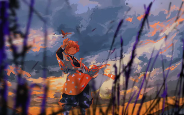 HD desktop wallpaper featuring Zenitsu Agatsuma from Demon Slayer: Kimetsu no Yaiba, depicted in a dynamic pose against a vivid, cloud-streaked sunset sky.
