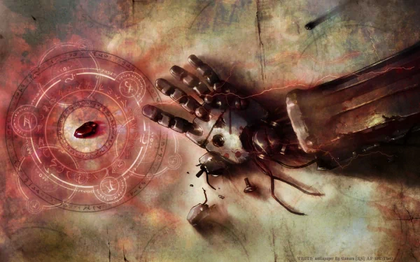 HD desktop wallpaper depicting a scene from Fullmetal Alchemist, featuring a mechanical hand reaching towards a glowing alchemical circle with a red stone at its center.