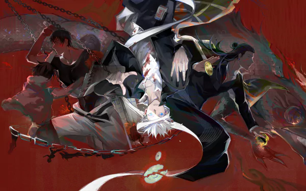 A dynamic 4K Ultra HD anime wallpaper featuring Satoru Gojo, Suguru Geto, and Megumi Fushiguro from Jujutsu Kaisen, showcasing Gojo & Geto in intense action.