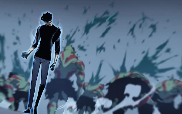 Sung Jin-Woo from Solo Leveling stands confidently in this 4K Ultra HD anime wallpaper, surrounded by shadowy, dynamic figures.