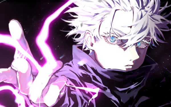 HD desktop wallpaper featuring Satoru Gojo from the anime Jujutsu Kaisen. The character has white hair, blue eyes, and wears a school uniform, with vibrant energy surrounding his hand.