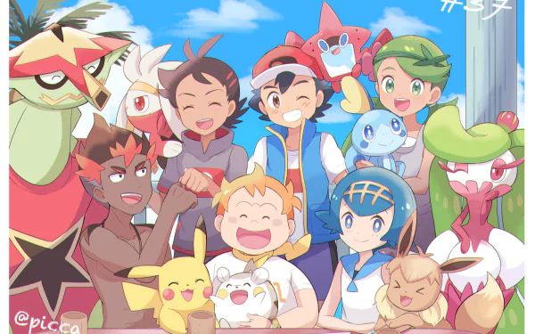 HD anime-style Pokemon desktop wallpaper featuring Ash, Pikachu, and friends joyfully posing together under a bright blue sky.