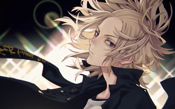 4K Ultra HD anime wallpaper of Mikey Manjiro Sano from Tokyo Revengers, showcasing his intense gaze and detailed character design against a dark, dynamic background.