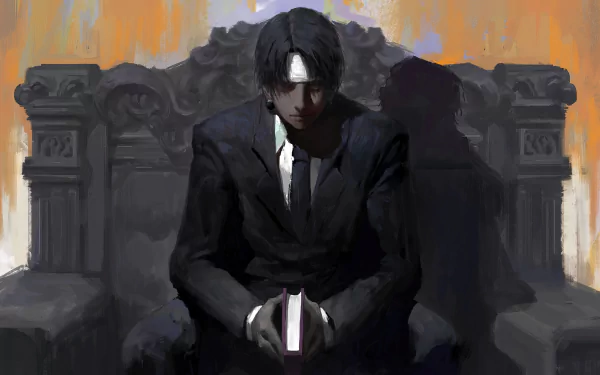 Chrollo Lucilfer from Hunter x Hunter sits in a dark, elegant throne, dressed in a suit, holding a book, against a vibrant abstract background. A striking 4K Ultra HD desktop wallpaper.