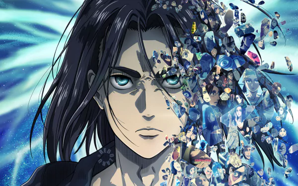 HD desktop wallpaper featuring Eren Yeager from the anime Attack on Titan, with a striking depiction of his intense gaze and fragments of various characters and elements surrounding him.