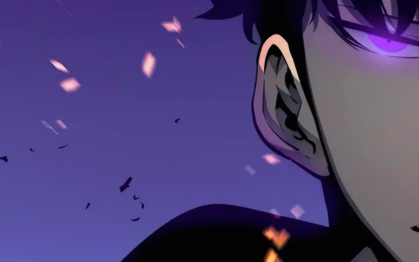 A close-up of Sung Jin-Woo from the anime Solo Leveling, featuring vibrant purple hues and dynamic elements, presented as a stunning 4K Ultra HD desktop wallpaper.