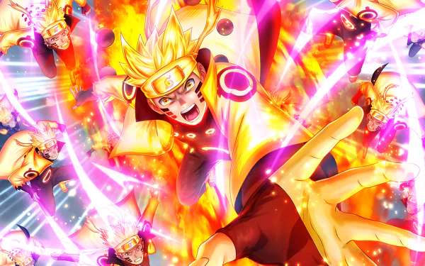 HD anime desktop wallpaper featuring Naruto Uzumaki in a dynamic action pose with vibrant energy effects from the Naruto series.