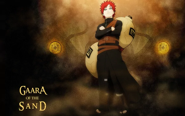 HD desktop wallpaper featuring Gaara from Naruto standing with arms crossed, surrounded by a sandy aura with the text Gaara of the Sand on the left.