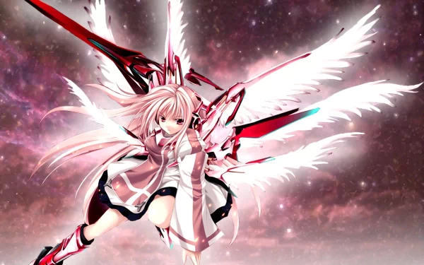 HD wallpaper of an anime angel with pink hair, futuristic armor, and mechanical wings, set against a cosmic background.
