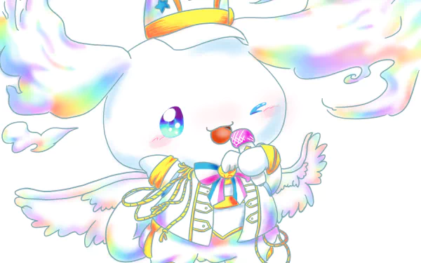 4K Ultra HD anime-style desktop wallpaper featuring Sanrio’s Cinnamoroll character dressed in a regal outfit with pastel rainbow wings and sparkling eyes.