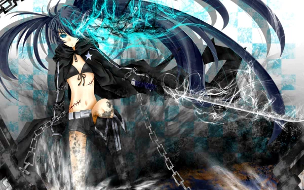 HD desktop wallpaper featuring Mato Kuroi from Black Rock Shooter anime, depicting the character with dark attire, blue highlights, and dynamic energy effects.