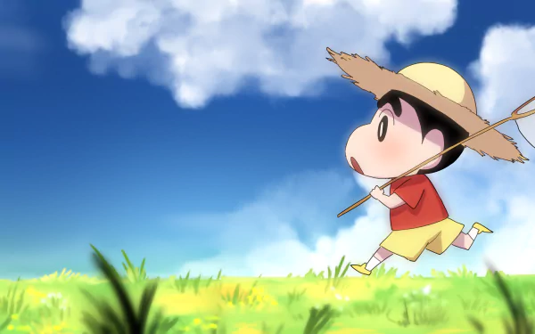 4K Ultra HD anime wallpaper featuring Shinchan Nohara from Crayon Shin-chan running through a sunny grassy field under a bright blue sky with fluffy clouds.