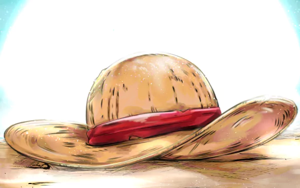 Anime-inspired 4K Ultra HD One Piece wallpaper featuring the iconic straw hat resting on a wooden surface with a bright, glowing background.