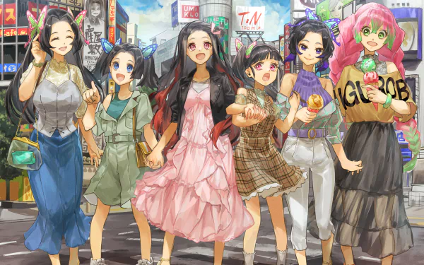 HD PC desktop wallpaper featuring colorful anime characters from Demon Slayer: Kimetsu no Yaiba standing together in a vibrant city street scene.
