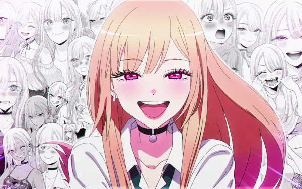 Marin Kitagawa from My Dress-Up Darling anime, featured in a vibrant 4K Ultra HD PC desktop wallpaper with expressive manga-style background faces.
