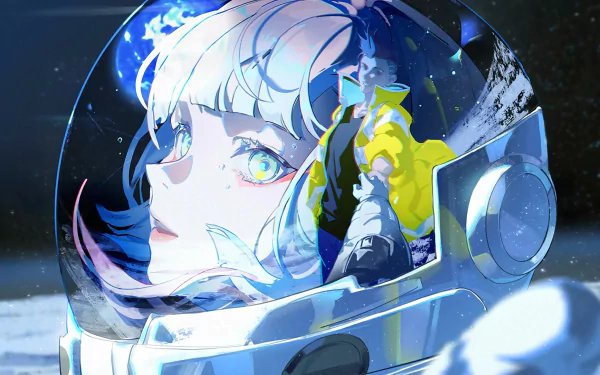 HD desktop wallpaper featuring Lucy from Cyberpunk: Edgerunners in a reflective helmet, with an image of David visible, set in a vibrant futuristic setting.