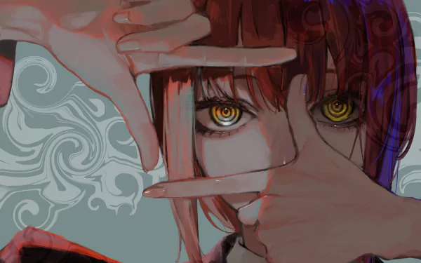 Makima from Chainsaw Man in detailed anime style with striking yellow eyes, featured in a 4K Ultra HD PC desktop wallpaper and background.