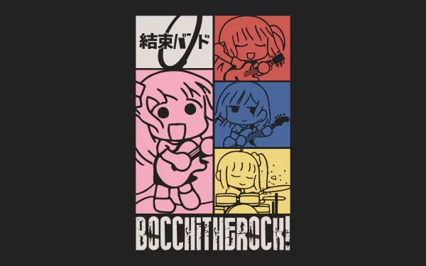 Anime-style 4K Ultra HD desktop wallpaper featuring chibi characters from Bocchi the Rock! in colorful panels playing musical instruments.