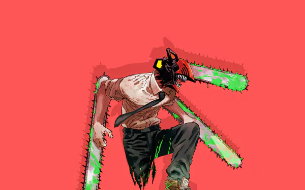 Denji from Chainsaw Man anime in dynamic action pose with glowing green chainsaws, featured in vibrant 8K Ultra HD PC desktop wallpaper.