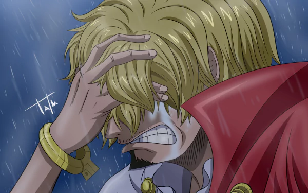 Sanji from One Piece anime in a detailed 8K Ultra HD desktop wallpaper, shown with a distressed expression under the rain.