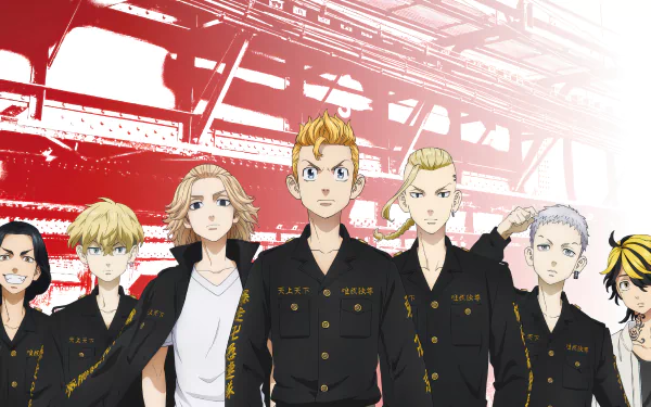 4K Ultra HD Tokyo Revengers anime wallpaper featuring the main characters standing confidently against a red and white industrial background.