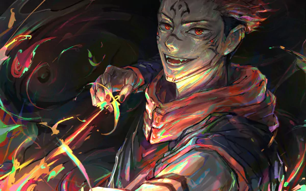 HD anime desktop wallpaper featuring Yuji Itadori and Sukuna from Jujutsu Kaisen, showcasing dynamic colors and intense expressions in a dark, vibrant style.