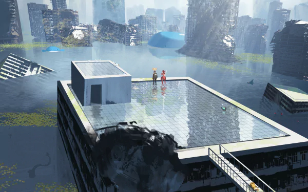 Anime-style 4K Ultra HD Pokemon scene showing two characters on a rooftop amidst a flooded, partially ruined cityscape with tall buildings in the background.