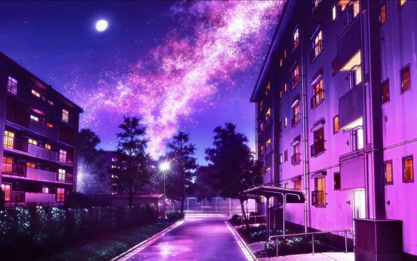 Anime-style HD desktop wallpaper from Call of the Night, featuring a glowing purple cityscape under a vibrant starry sky and full moon.