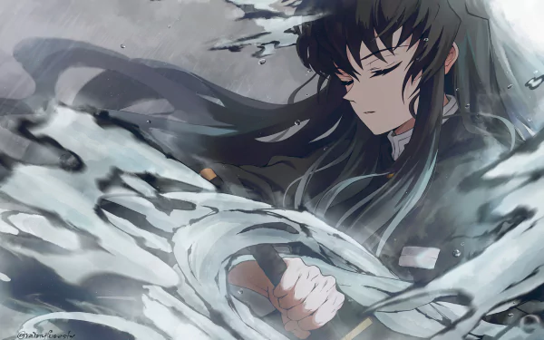 HD desktop wallpaper featuring Muichiro Tokito from the anime Demon Slayer: Kimetsu no Yaiba, showcasing a dramatic scene with fluid dynamic effects and muted color tones.