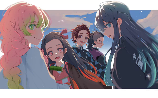 HD PC wallpaper featuring Muichiro Tokito, Genya Shinazugawa, Tanjiro Kamado, Nezuko Kamado, and Mitsuri Kanroji from the anime Demon Slayer: Kimetsu no Yaiba.