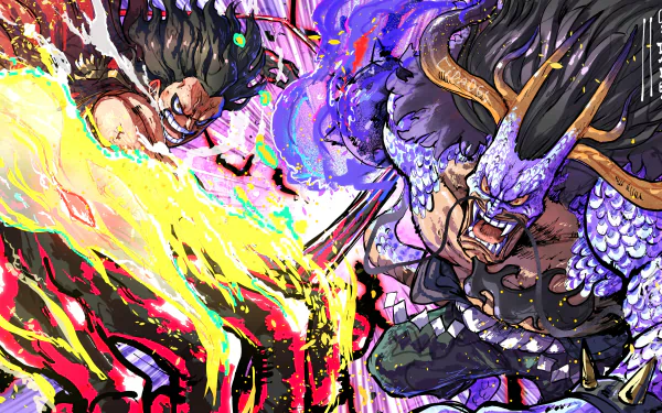 Vibrant 4K Ultra HD anime wallpaper featuring Monkey D. Luffy in Gear Fourth clashing fiercely with Kaido from One Piece.