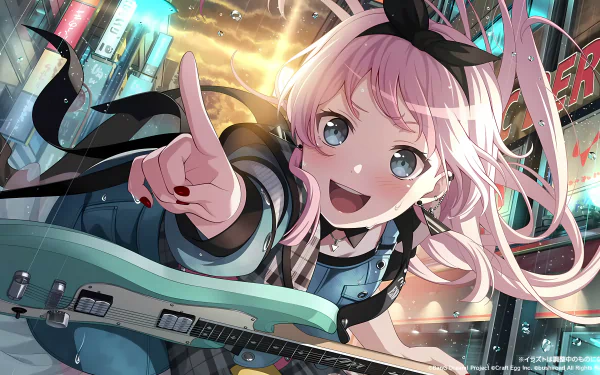 Chihaya Anon from BanG Dream! playing guitar energetically in a vibrant cityscape, featured in 8K Ultra HD BanG Dream! It's MyGO!!!!! anime wallpaper.