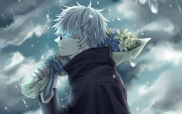 HD desktop wallpaper featuring Satoru Gojo from Jujutsu Kaisen with a bouquet under the rain.