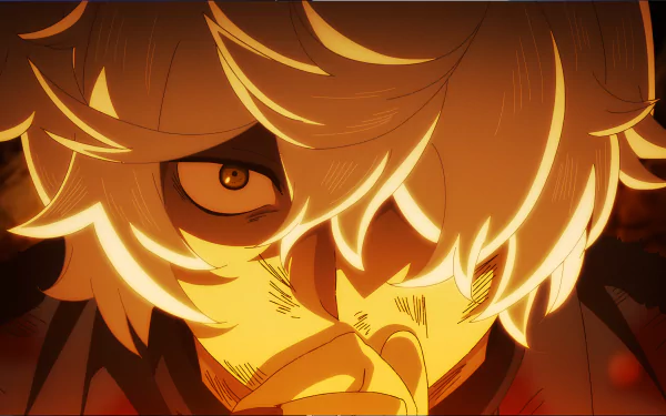 Close-up 8K Ultra HD anime wallpaper of Gabimaru from Hell's Paradise, featuring intense eyes and dramatic lighting in a dark, fiery background.