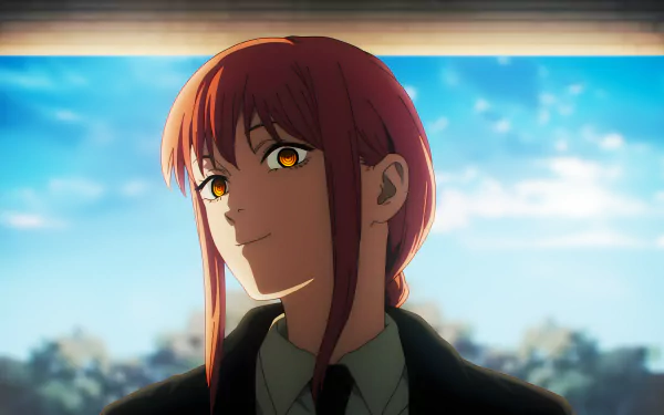 Makima from Chainsaw Man anime, depicted in vibrant 8K Ultra HD detail with warm lighting, set against a soft blue sky background, styled as a PC desktop wallpaper.